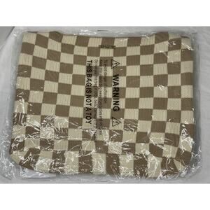 NWT Kopari Limited Edition Checkered Knit Tan Cream Tote Bag 11” x 14”